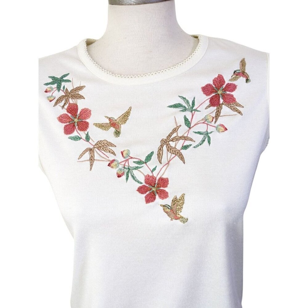 *Vintage Womens Tank Size S Petite Cream Hummingbird Flowers Embroidered - Picture 2 of 7